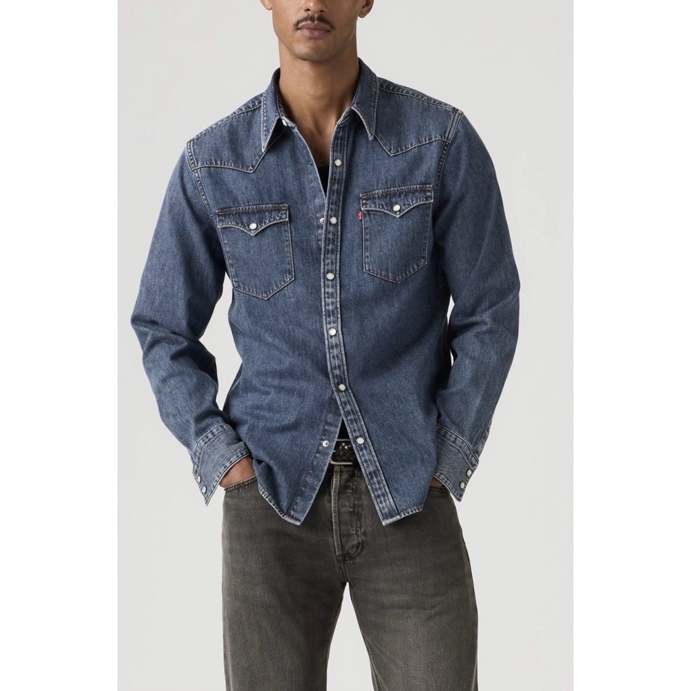 Levis Denim Western Shirt Large Dark Wash Pearl Snap Indie Sleaze Grunge Mens L
